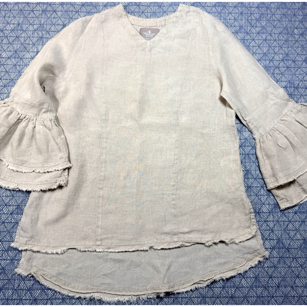Crown Linen Designs Bella Bell Sleeve Top Large Flax Beige V-Neck Linen Tunic - Picture 2 of 12